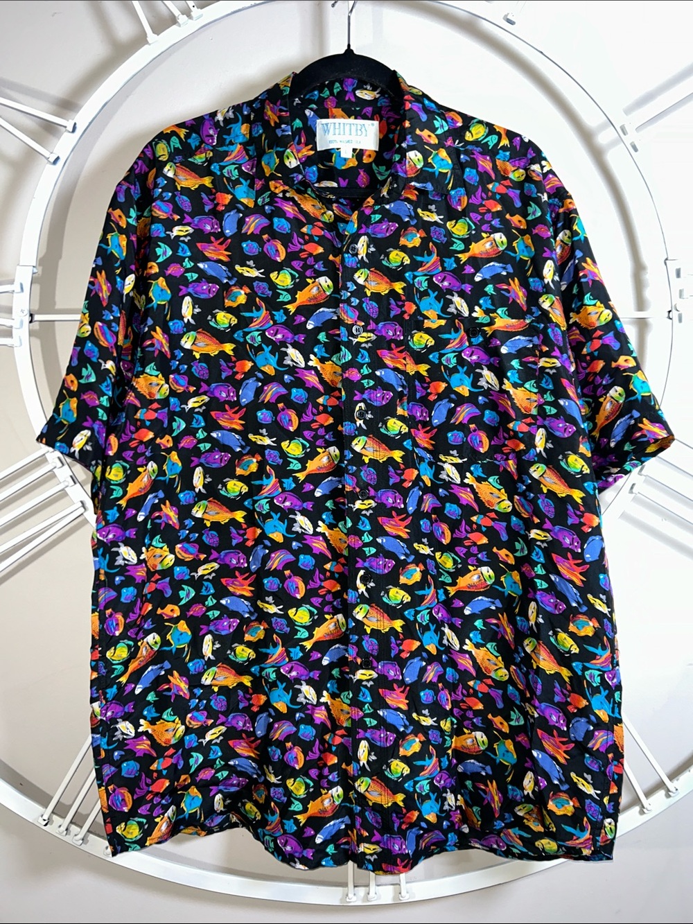 Whitby Vintage 100% Silk 1990s Colorful Aquarium Tropical Fish Button Up Shirt